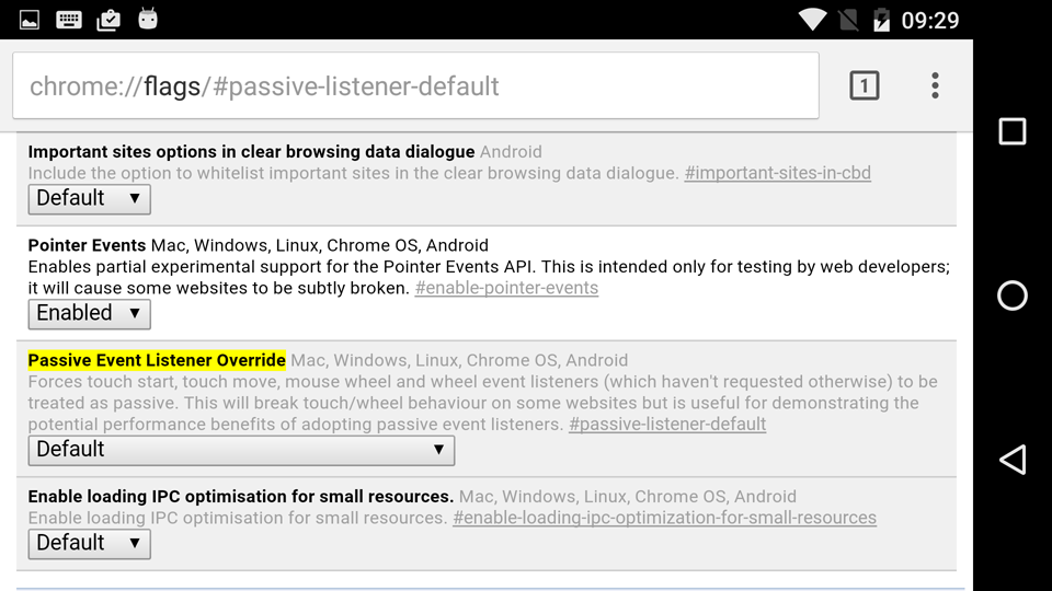 chrome://flags setting to enable passive event listener override