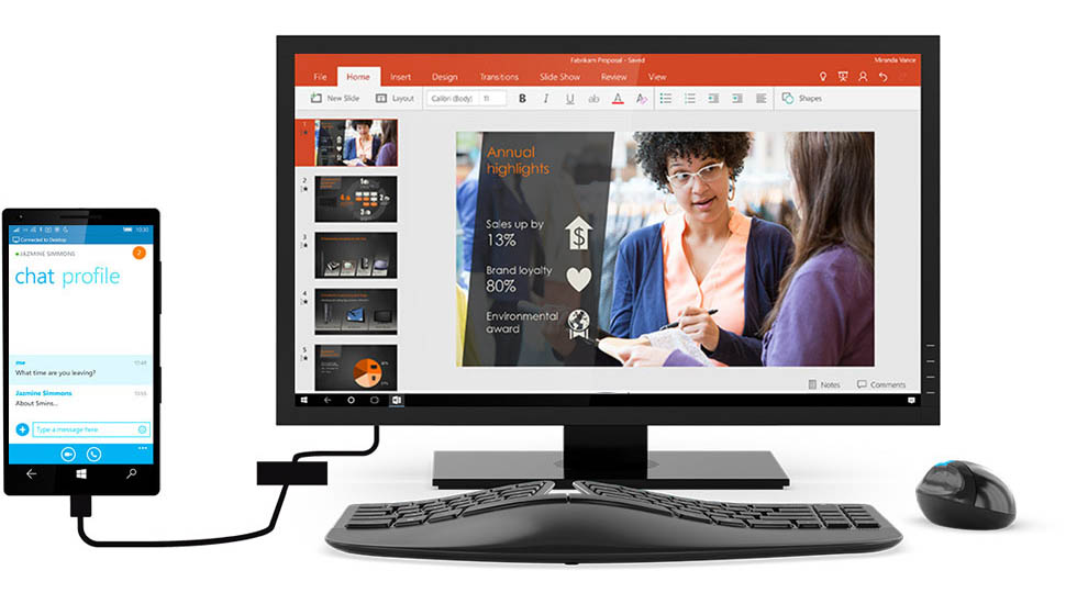 Windows 10 Mobile phone using 'Continuum' - with a connected screen, mouse and keyboard