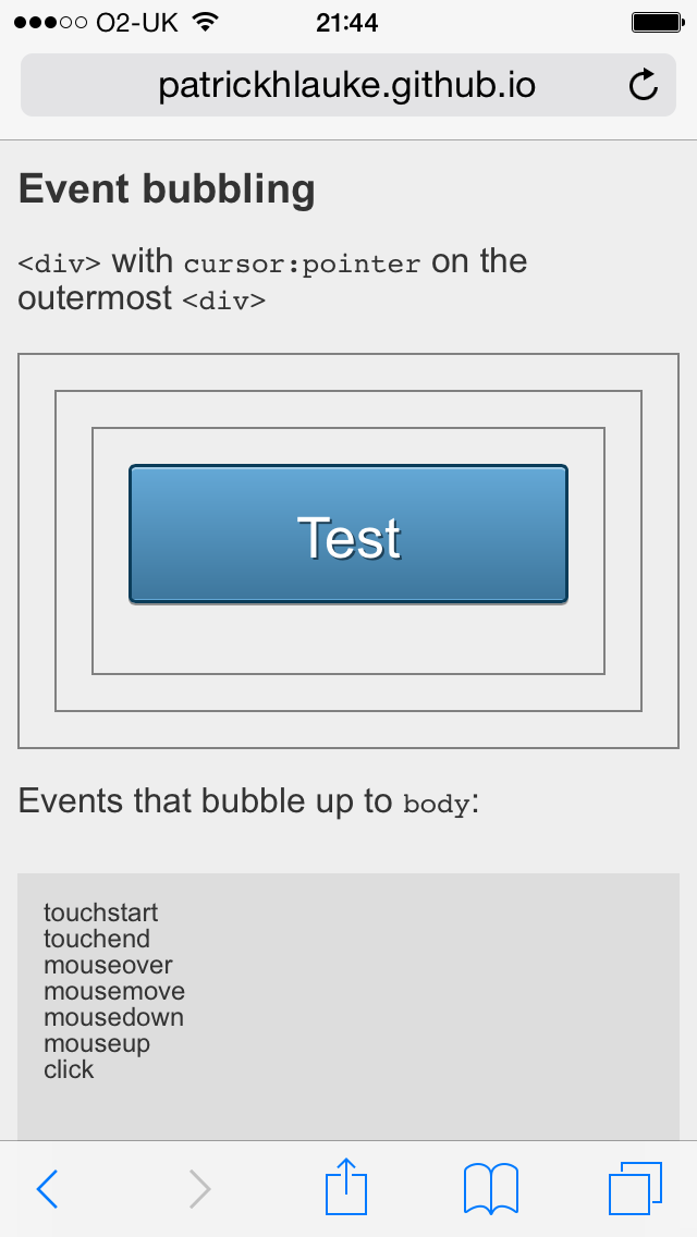 adding cursor:pointer CSS on any of the target's ancestors (between the target and the actual event listener) makes touch, mouse and click events bubble as normal again