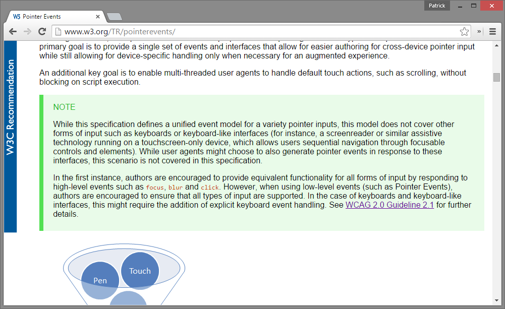 Keyboard-related note in W3C Pointer Events, referencing WCAG 2.0 Guideline 2.1