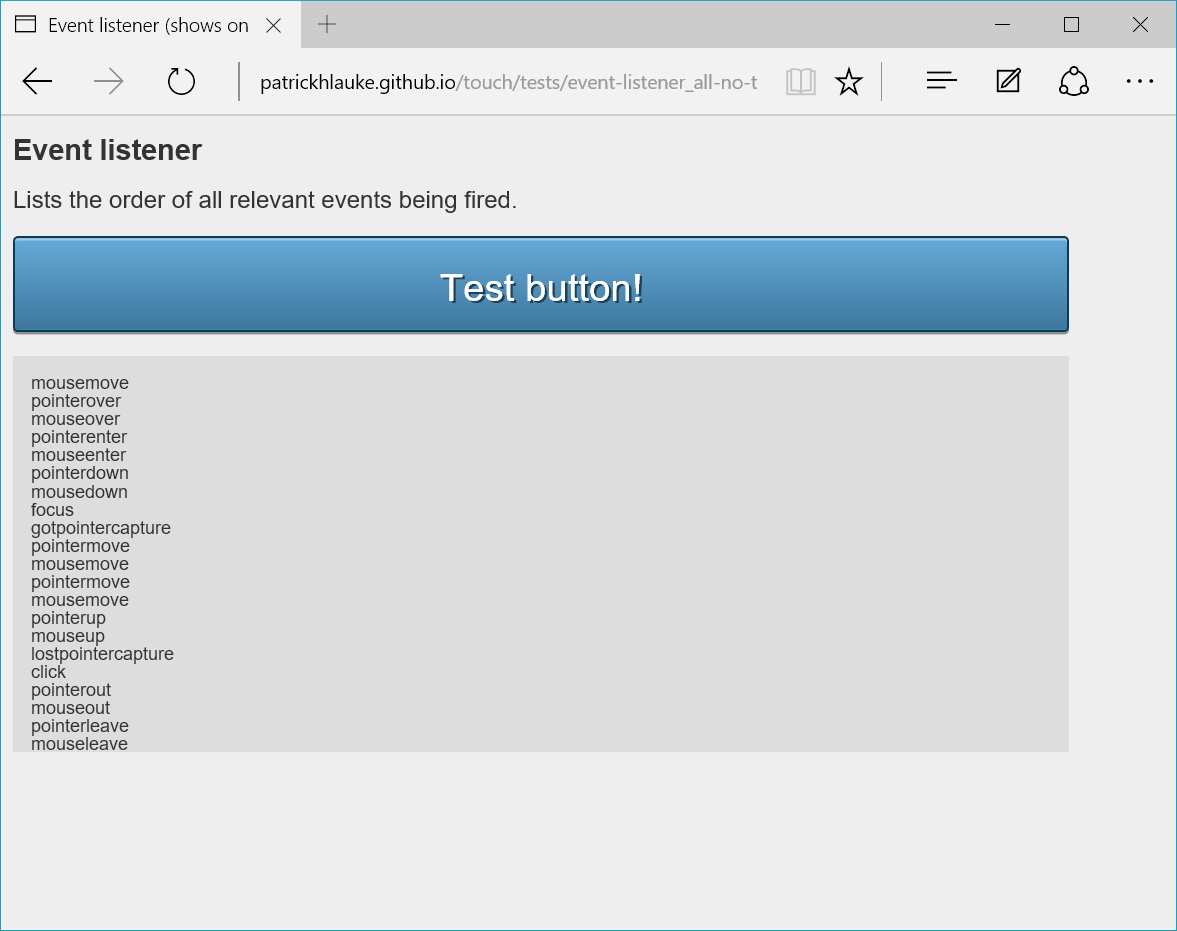 Microsoft Edge / Windows 10 pointer events / mouse events sequence