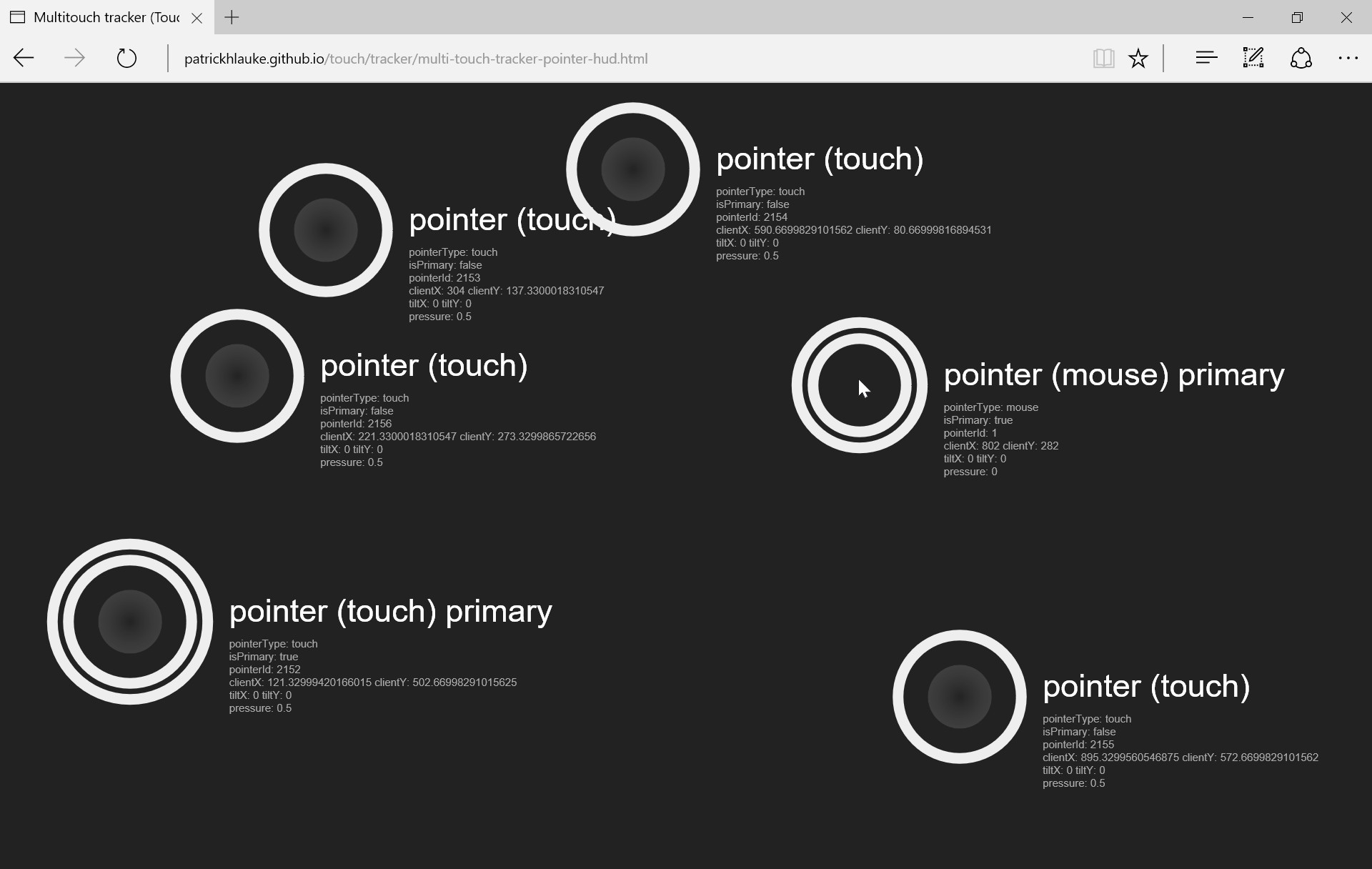 Touch and mouse used simultaneously, with extra information being displayed for each pointer (type, coordinates, whether it's a primary pointer, force, width, height