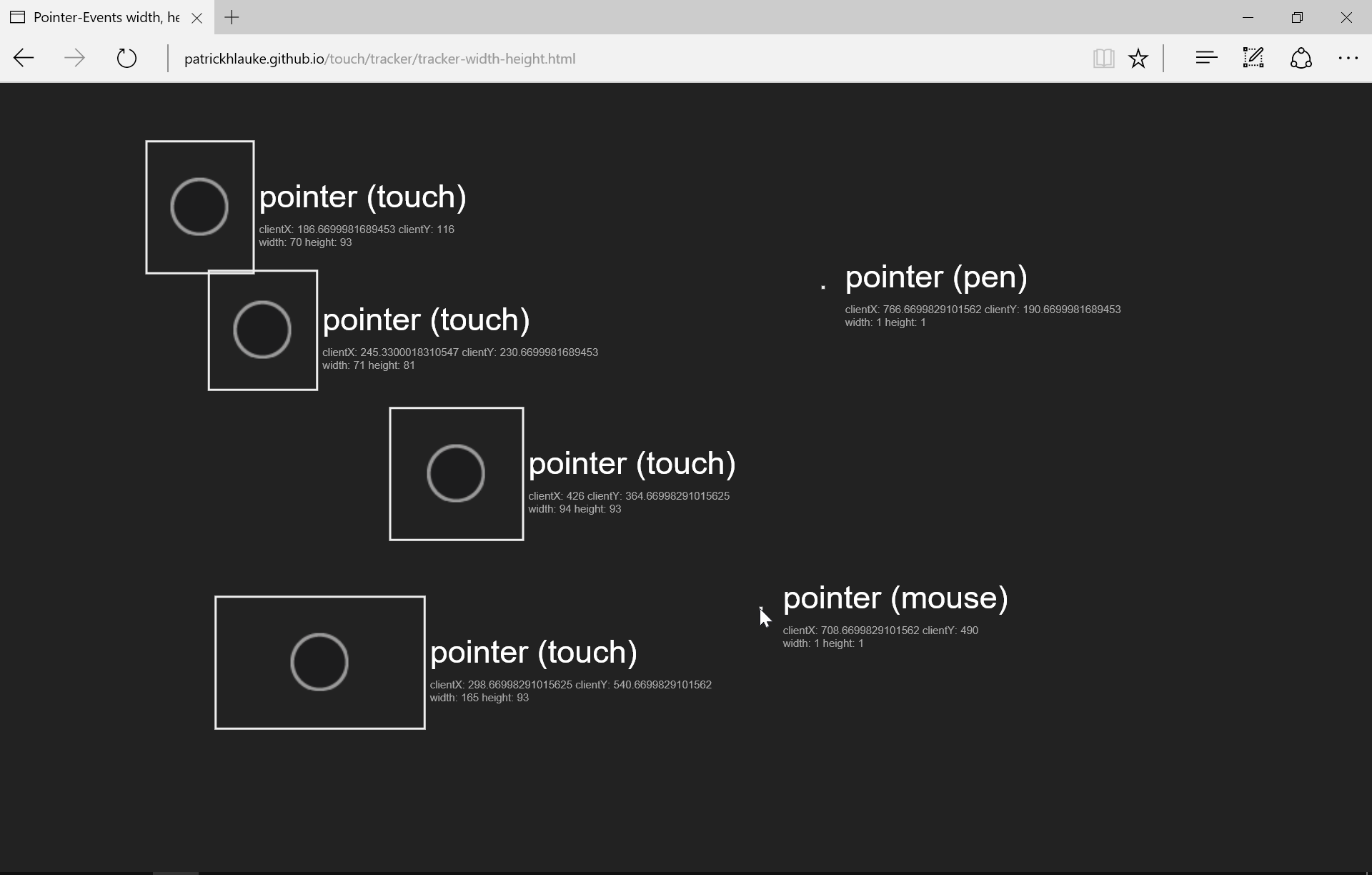 In Microsoft Edge on Surface 3, touch pointers have accurate width/height based on contact geometry, while mouse and stylus have width/height of 1