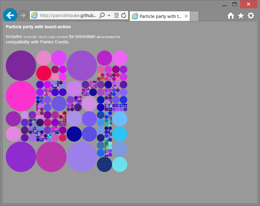 By suppressing default touch action on the particle party canvas, pointer events now 'track' - mousemove is fired continuously as finger moves across canvas